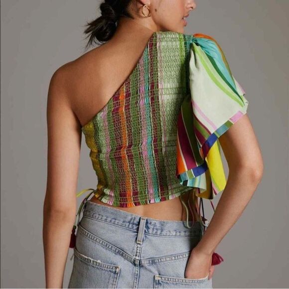 Anthro Hope for Flowers one-shoulder Rainbow Crop Blouse Flutter Sleeve Smock M - Picture 3 of 8